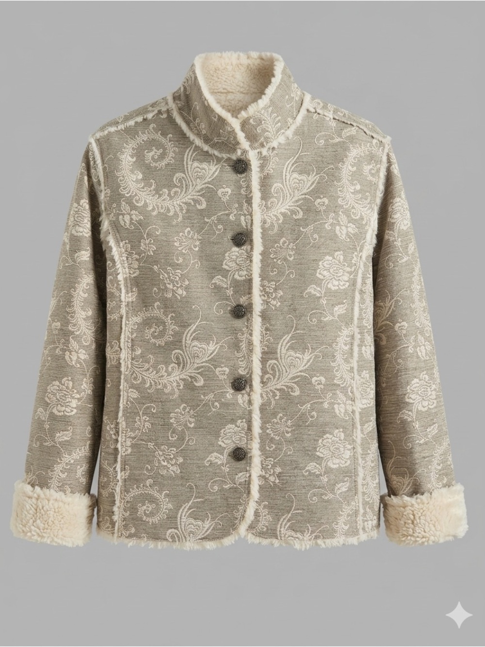 SZ 0 vintage Chico's Faux-Sherpa Damask Tapestry Jacket funnel neck fall basic
